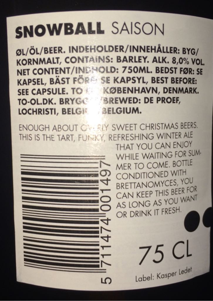 Snowball Saison - ToØl (750 mL) alcohol collectible [Barcode 5711474001497] - Main Image 2