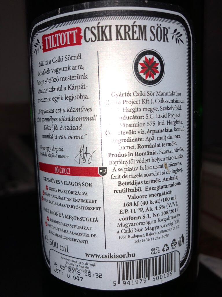 Csiki Krém Sör - Csiki Sör Manufaktúra (500 mL) alcohol collectible [Barcode 5941979500199] - Main Image 2