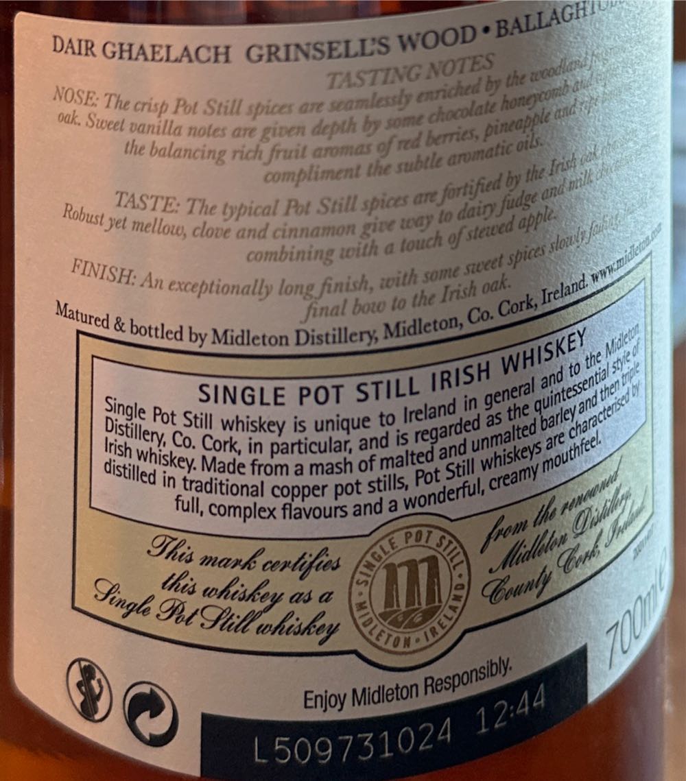 Middleton Dair Ghaelach Grinsells Wood - Middleton Distillery (700 mL) alcohol collectible [Barcode 080432109939] - Main Image 3