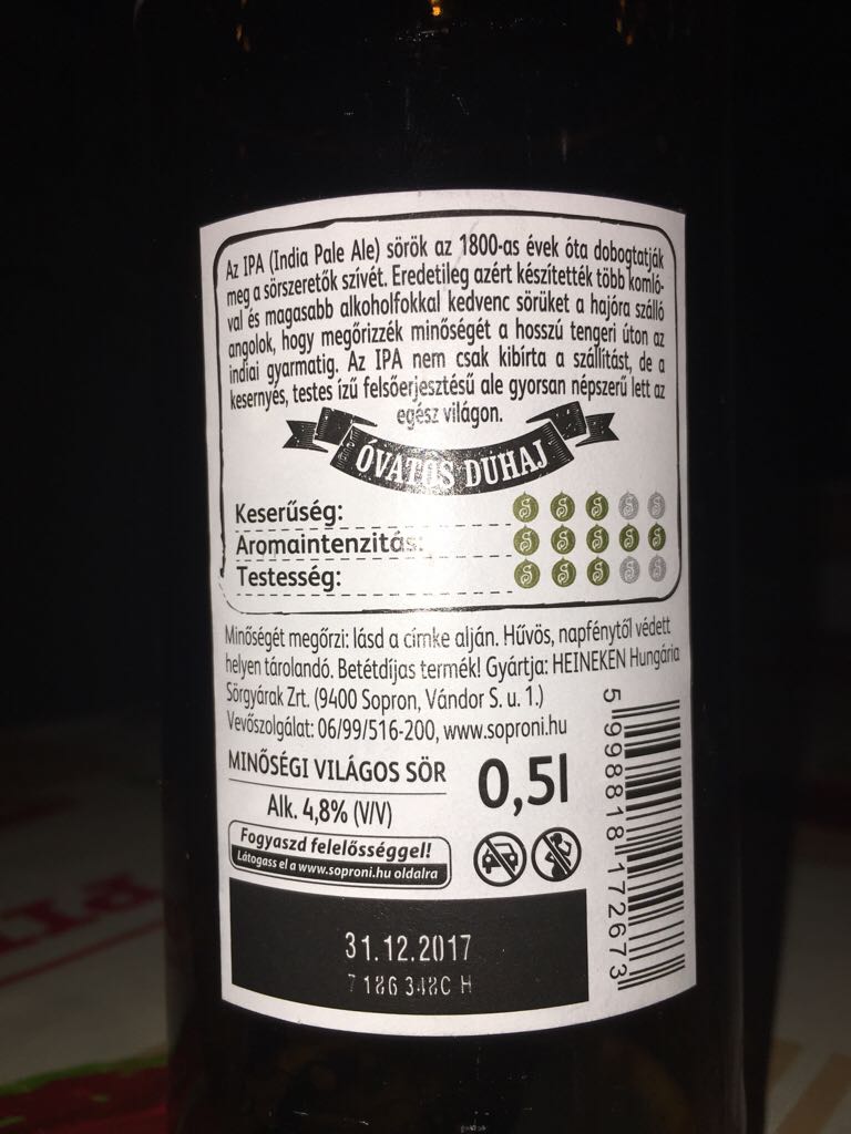 Soproni IPA Óvatos Duhaj - Heinekken Hungária (500 mL) alcohol collectible [Barcode 5998818172673] - Main Image 2
