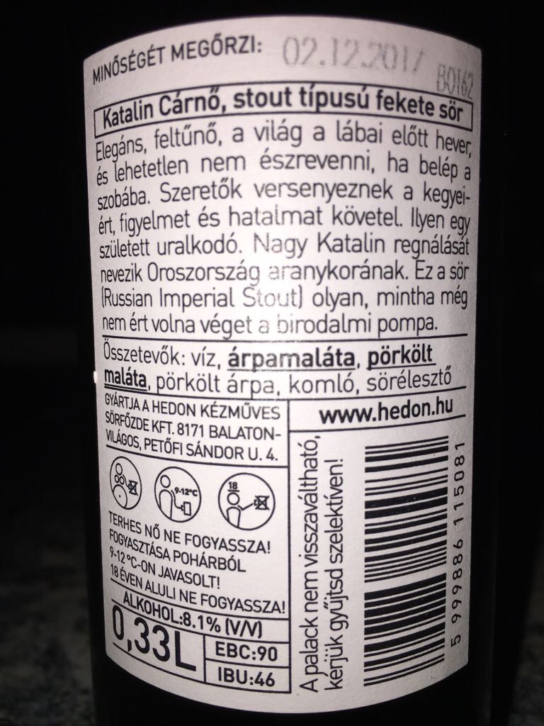 Katalin Cárnő Екатерина II Великар Russian Imperial Stout - Hedon Kézműves Sörfőzde KFT (330 mL) alcohol collectible [Barcode 5999886115081] - Main Image 2