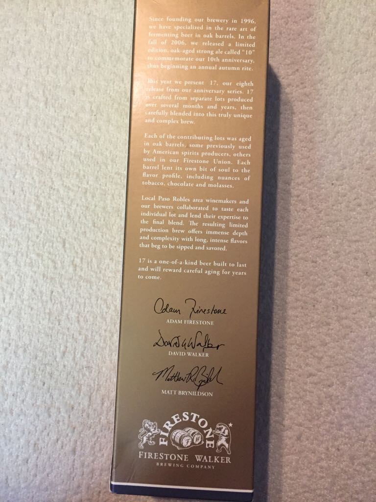 17th Anniversary Ale, Special Limited Release  - Firestone Walker Brewing Co (650 mL) alcohol collectible [Barcode 602755001563] - Main Image 2