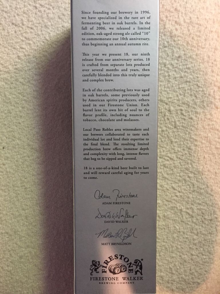 18th Anniversary Ale, Special Limited Edition Release - Firestone Walker Brewing Co (650 mL) alcohol collectible [Barcode 602755001662] - Main Image 2