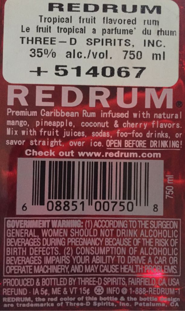 Redrum - Three-D Spirits, San Jose, CA, USA (750 mL) alcohol collectible [Barcode 608851007508] - Main Image 2