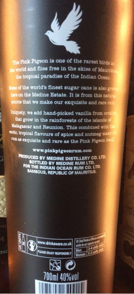 Pink Pigeon Original Spiced Rum - Medin Rum Ltd (700 mL) alcohol collectible [Barcode 6091309640015] - Main Image 2