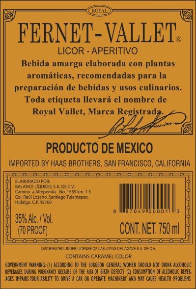 Fernet-Vallet  - Balance Liquido (750 mL) alcohol collectible [Barcode 618115105017] - Main Image 2