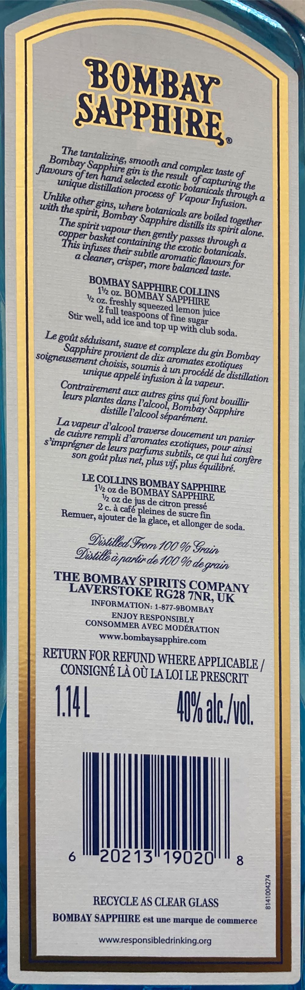 Bombay Sapphire London Dry - The Bombay Spirits Company (1.14L) alcohol collectible [Barcode 620213190208] - Main Image 2