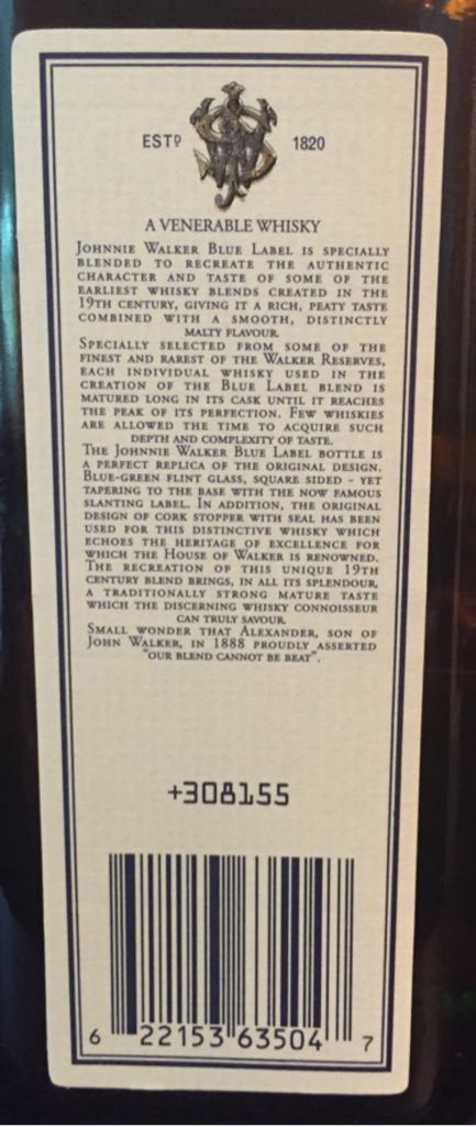 Johnnie Walker Blue Label - Johnnie Walker & Sons (50 mL) alcohol collectible [Barcode 622153635047] - Main Image 2