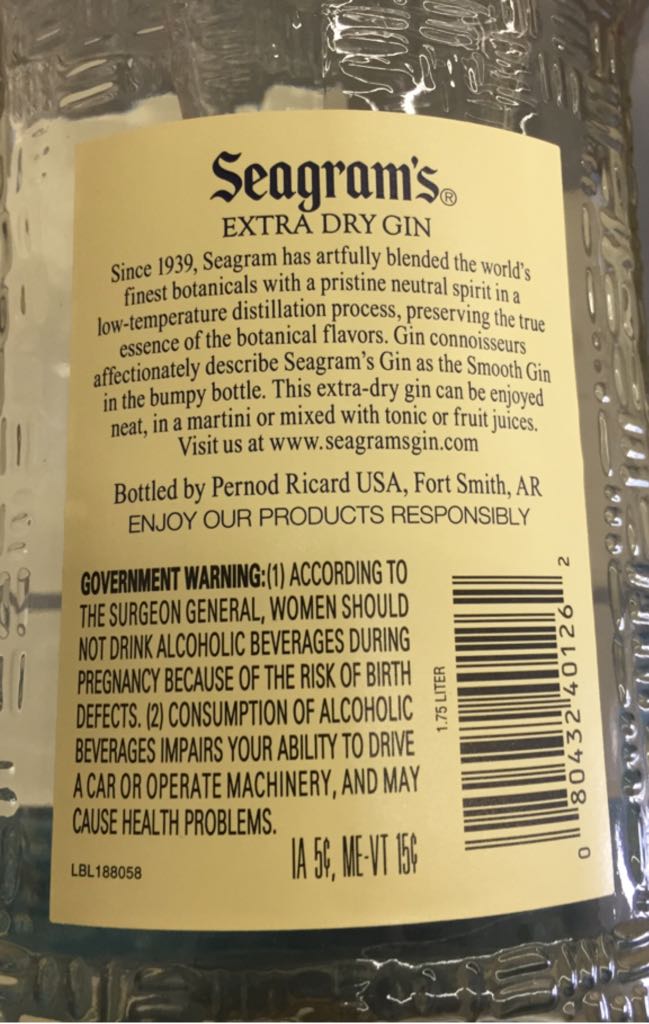 Seagram’s Extra Dry Gin - Seagram’s (1.75L) alcohol collectible [Barcode 080432401262] - Main Image 2