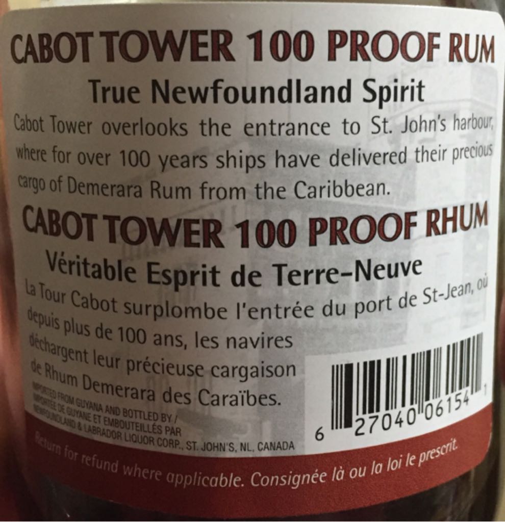 Cabot Tower 100 Proof - Newfoundland Liquor Corporation (750 mL) alcohol collectible [Barcode 627040061541] - Main Image 2