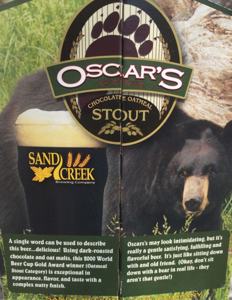 Oscars Chocolate Oatmeal Stout - Sand Creek Brewing Company (12 fl. oz.) alcohol collectible [Barcode 634986450032] - Main Image 2