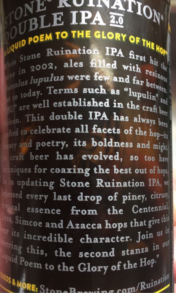Ruination Double IPA 2.0 - Stone Brewing (12 fl. oz.) alcohol collectible [Barcode 636251740121] - Main Image 2
