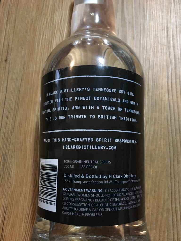 Tennessee Dry Gin - H. Clark (750 mL) alcohol collectible [Barcode 639767491280] - Main Image 2