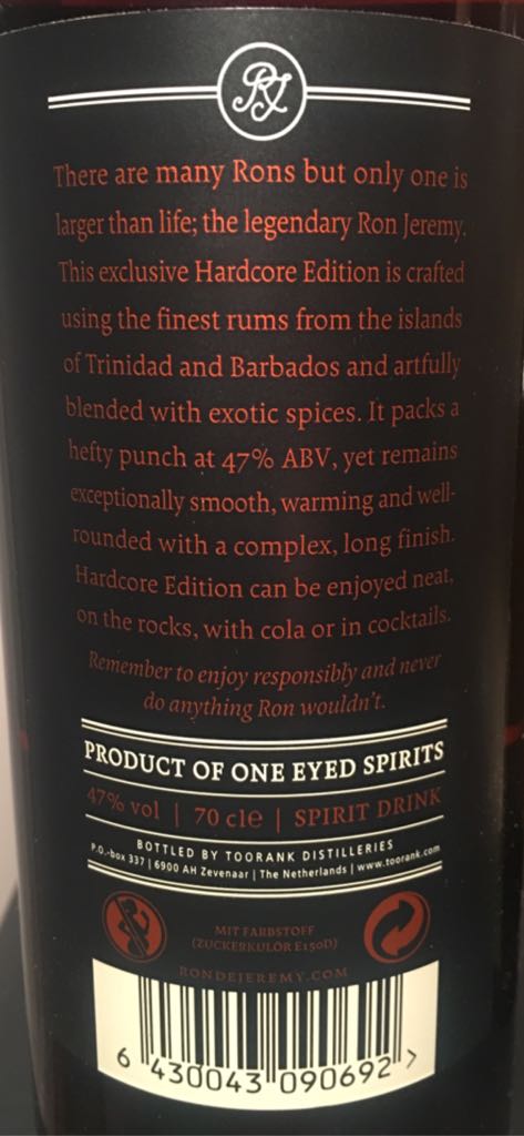 Ron De Jeremy Spiced - Toorank Distilleries (700 mL) alcohol collectible [Barcode 6430043090692] - Main Image 2