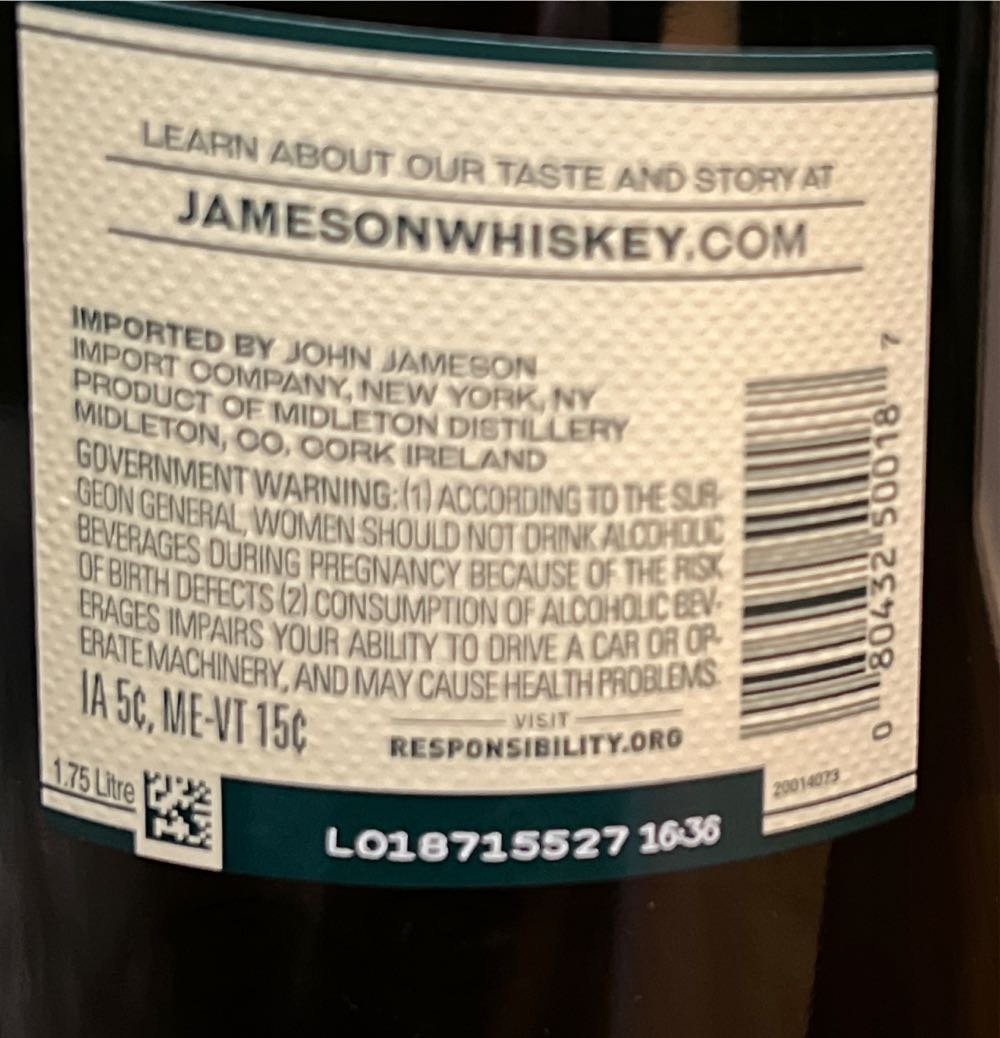 Jameson Irish Whiskey Green Bottle Brown Label - Jameson (1.75 mL) alcohol collectible [Barcode 080432500187] - Main Image 3
