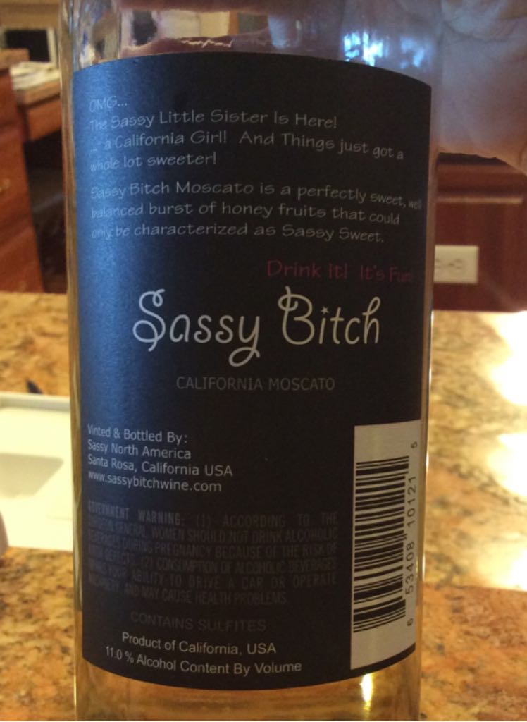 Sassy Bitch California Moscato - Sassy North America (750 mL) alcohol collectible [Barcode 653408101215] - Main Image 2