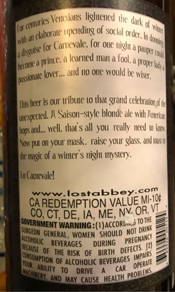 Carnevale Ale - The Lost Abbey (750 mL) alcohol collectible [Barcode 689926005124] - Main Image 2