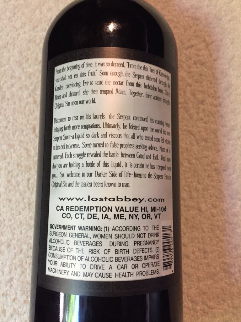 Serpent’s Stout - The Lost Abbey (750 mL) alcohol collectible [Barcode 689926005131] - Main Image 2