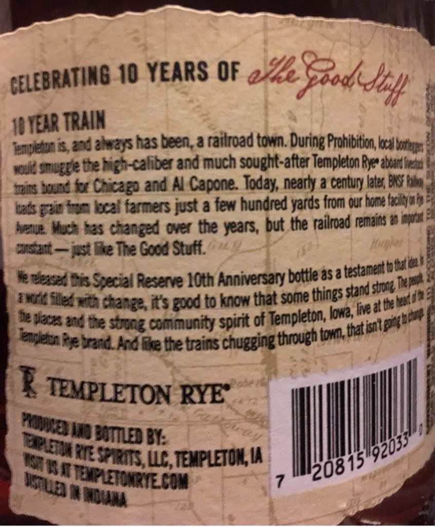 Temple Tom Rye Special Reserve 10 Year - Templeton Rye Spirits (750 mL) alcohol collectible [Barcode 720815920330] - Main Image 2