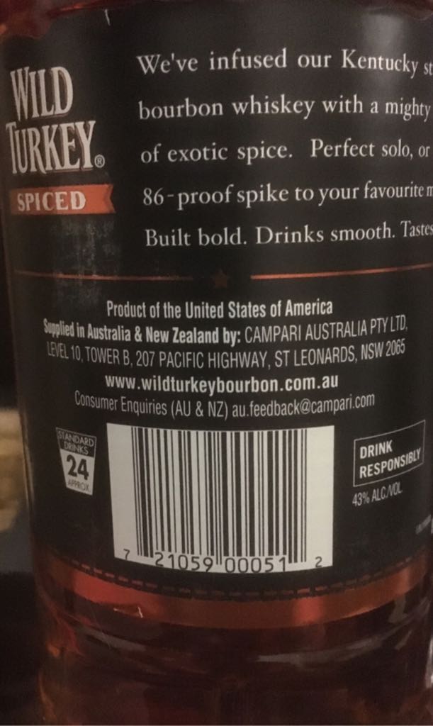 Wild Turkey Spiced - Wild Turkey (700 mL) alcohol collectible [Barcode 721059000512] - Main Image 2