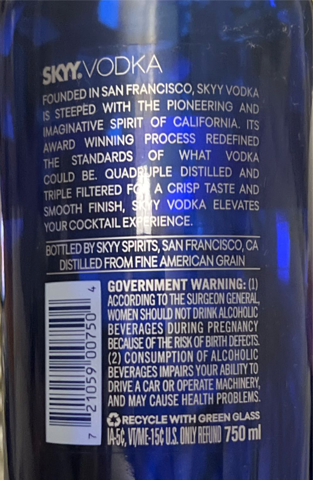 Skyy Vodka 750ML - Campari America (750 mL) alcohol collectible [Barcode 721059007504] - Main Image 2