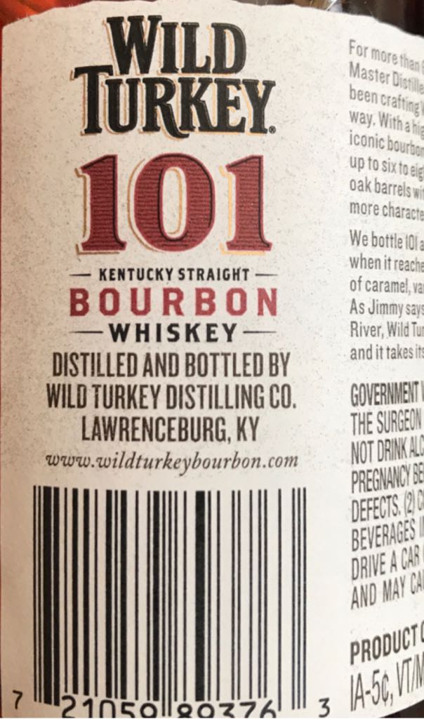 Wild Turkey 101 - Wild Turkey Distilling Co. (375 mL) alcohol collectible [Barcode 721059893763] - Main Image 2