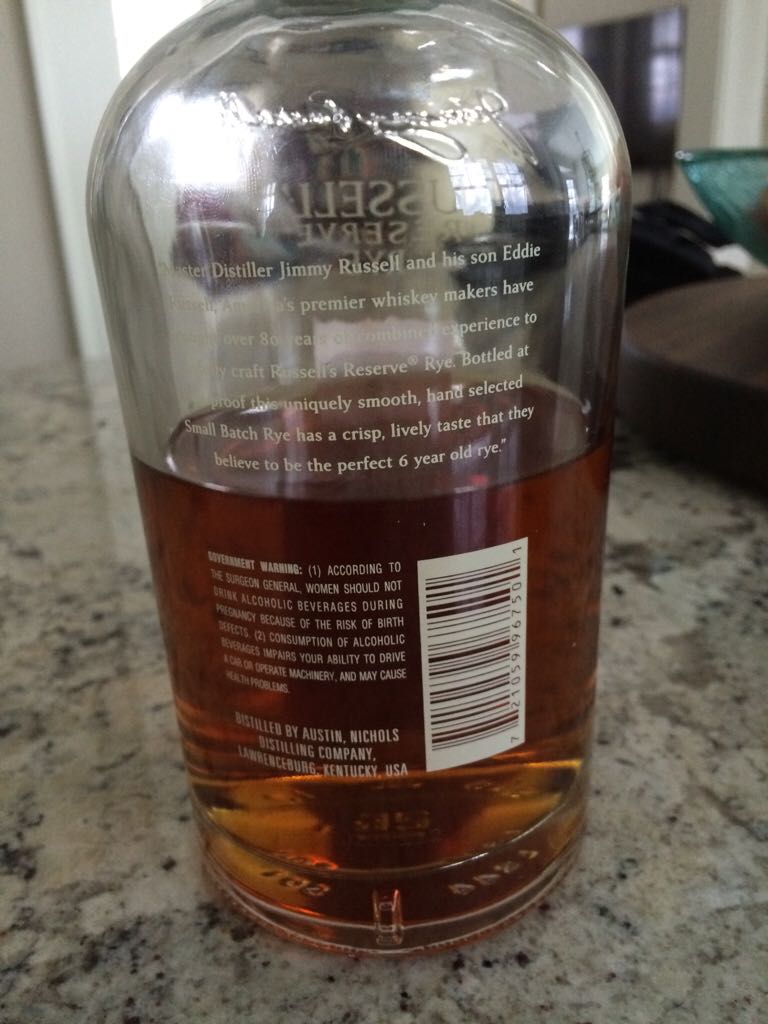 Russell’s Reserve 6Yr Old Rye - Austin Nichols (750 mL) alcohol collectible [Barcode 721059967501] - Main Image 2