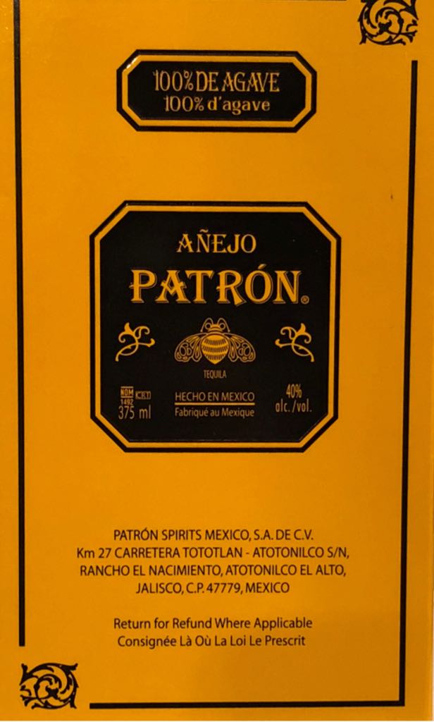 Patron Anejo Tequila - Patron Spirits Co. (50 mL) alcohol collectible [Barcode 721733000968] - Main Image 2