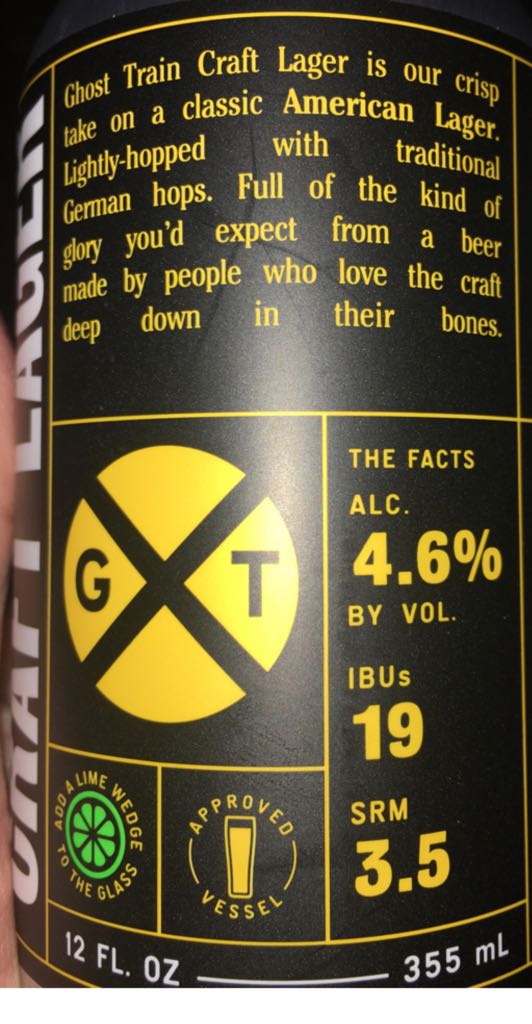 Craft Lager - Ghost Train Brewing Co (12 fl. oz.) alcohol collectible [Barcode 722589595134] - Main Image 2