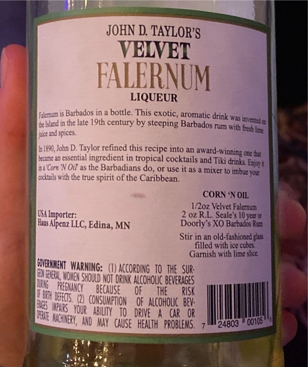 Falernum; JD Taylor’s Velvet Falernum - R. L. Seale & Co (750 mL) alcohol collectible [Barcode 724803001056] - Main Image 2