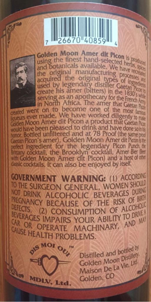 Amer Dit Picon  - Golden Moon Distillery (750 mL) alcohol collectible [Barcode 726670408594] - Main Image 2