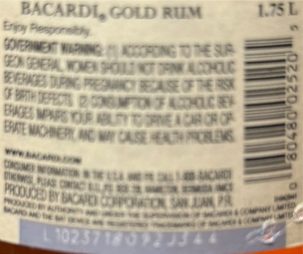 Bacardi Gold Rum 2010 - Bacardi (1.75L) alcohol collectible [Barcode 080480025205] - Main Image 2