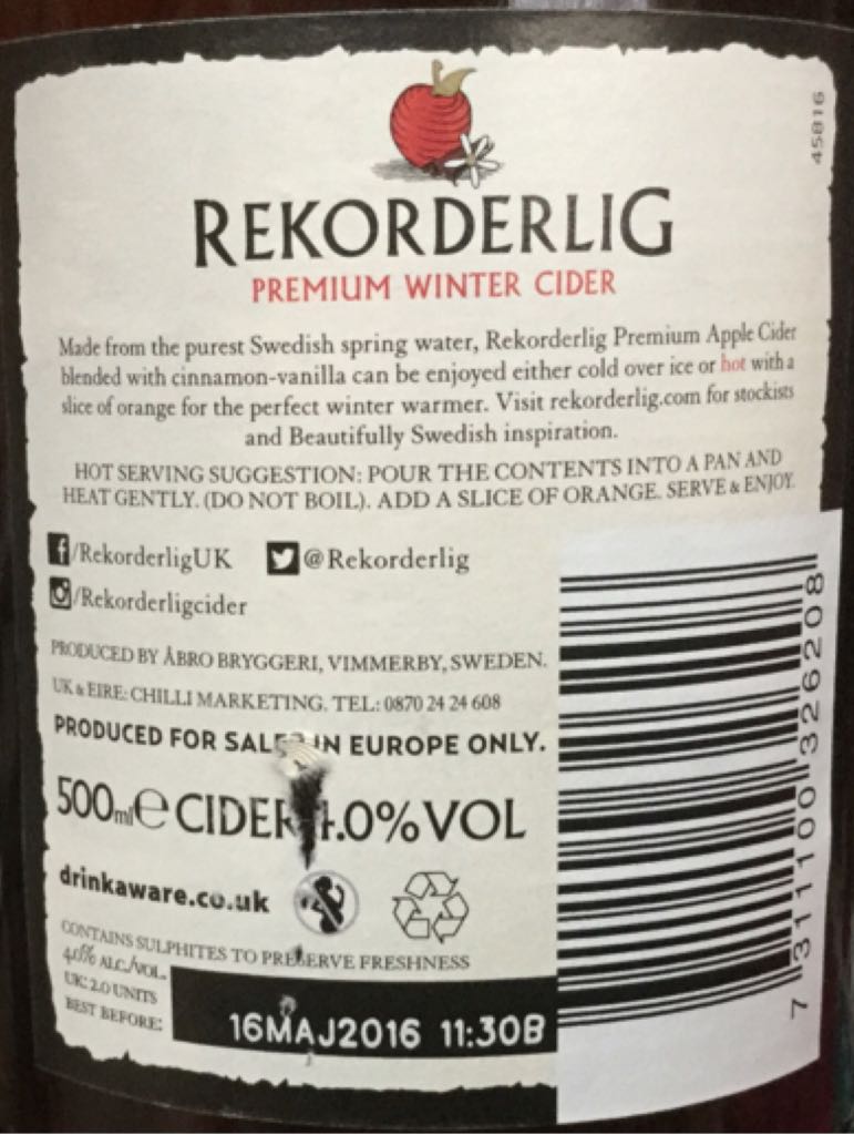 Premium Winter Cider - Rekorderlig (500 mL) alcohol collectible [Barcode 7311100326208] - Main Image 2