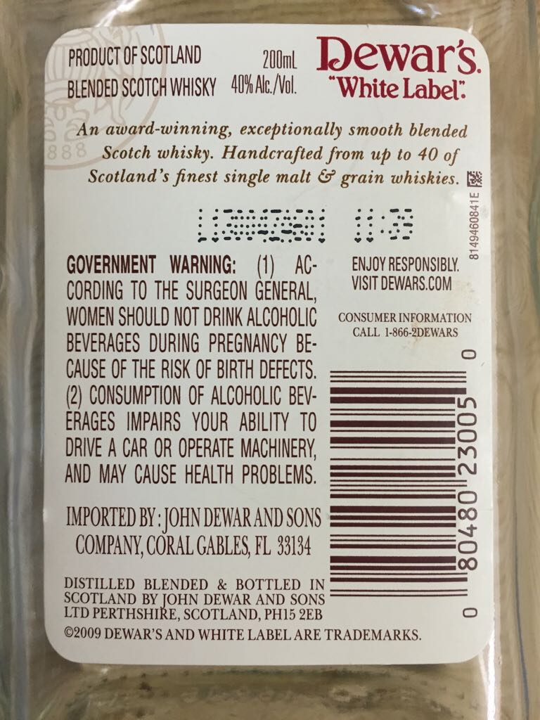 Dewar’s White Label - Scotland By John Dewar And Sons (200 mL) alcohol collectible [Barcode 080480230050] - Main Image 2