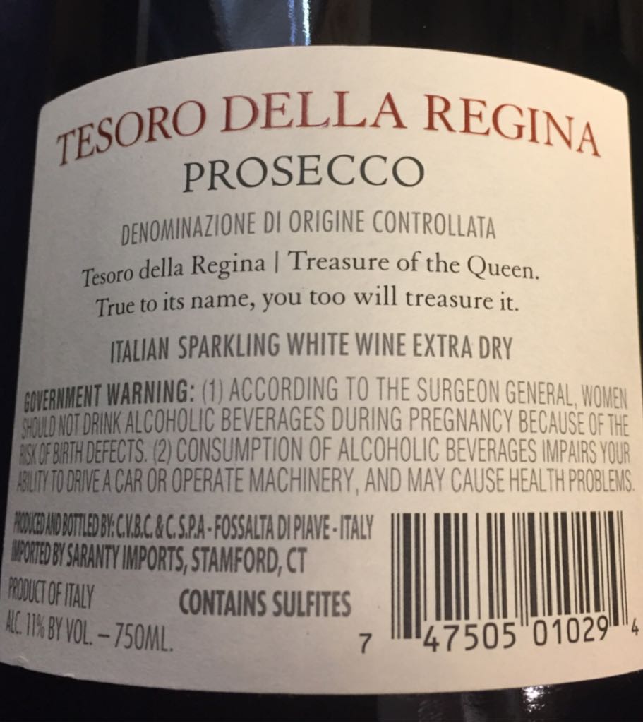 Tesoro Della Regina Prosecco  - Tesoro Della Regina (750 mL) alcohol collectible [Barcode 747505010294] - Main Image 2