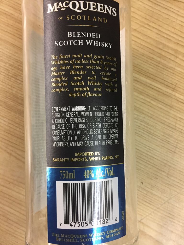 Scotch Whiskey  - Macqueens (750 mL) alcohol collectible [Barcode 747505011826] - Main Image 2