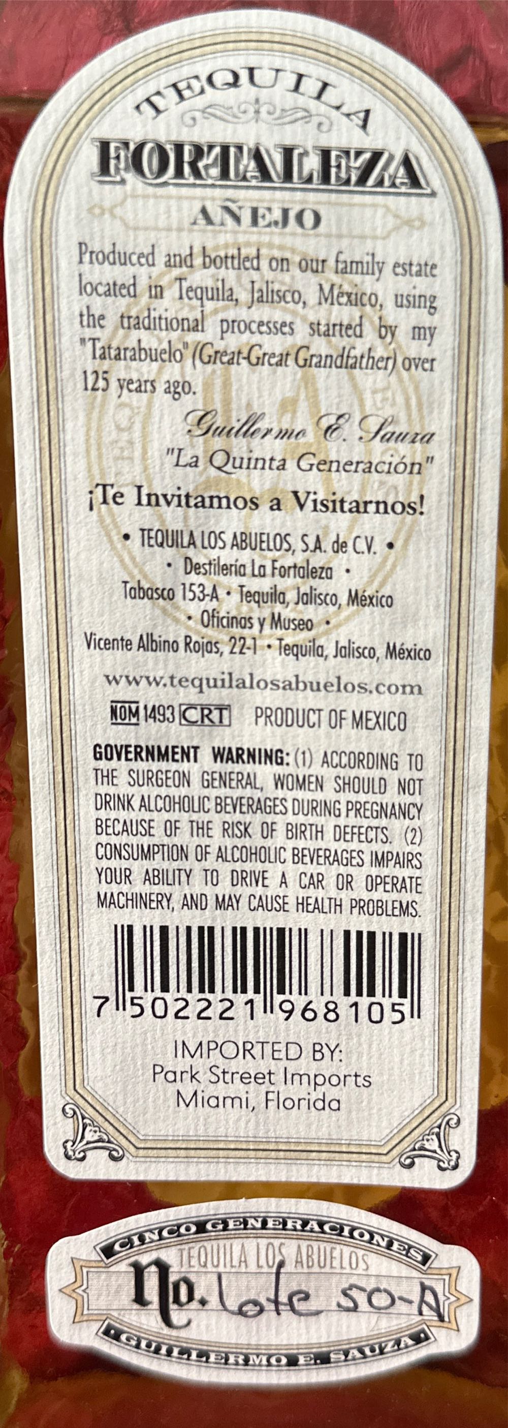 Fortaleza Añejo - Tequila Los Abuelos, S.A. de C.V. (750 mL) alcohol collectible [Barcode 7502221968105] - Main Image 2
