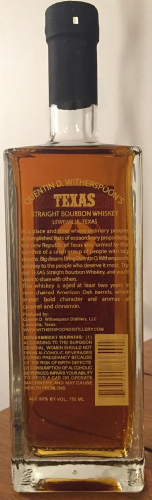 Witherspoon’s 100 Proof Texas Straight Bourbon Whiskey - Quentin D. Witherspoon (750 mL) alcohol collectible [Barcode 757901866401] - Main Image 2