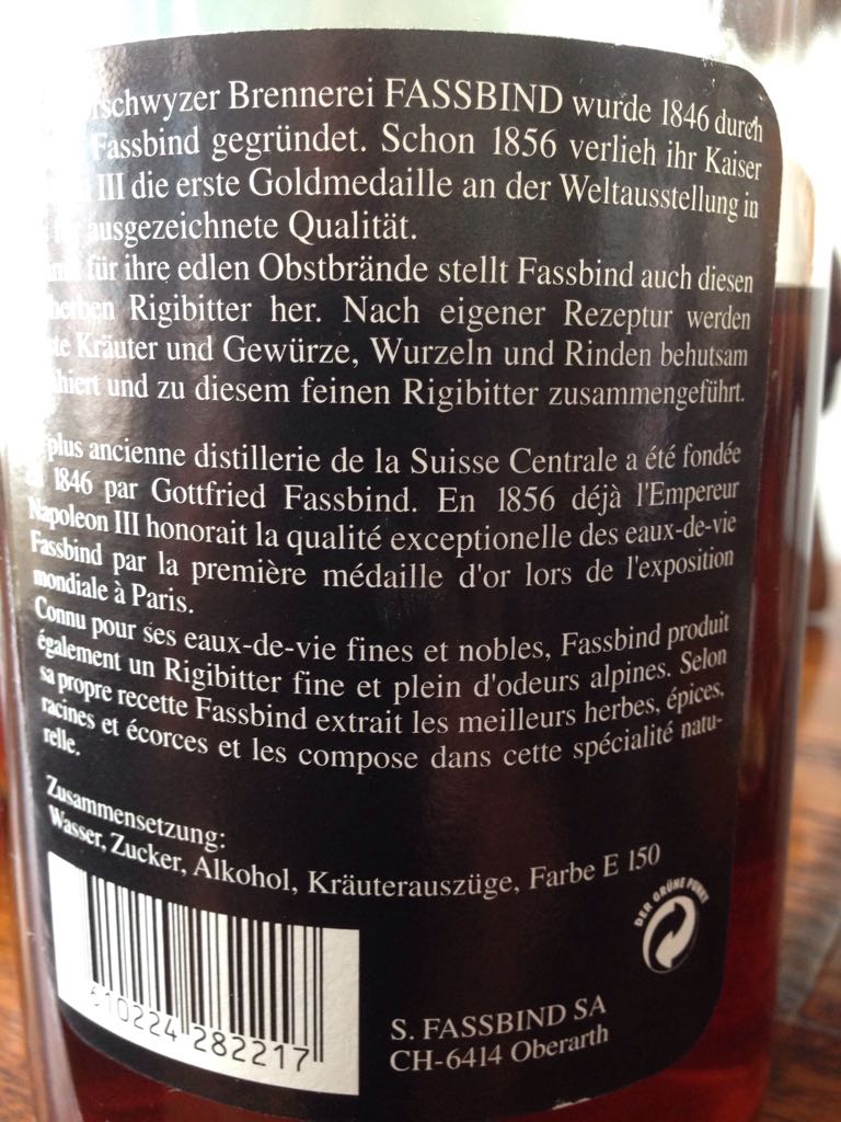 Fassbind Rigi-Bitter - Fassbind (1000 mL) alcohol collectible [Barcode 7610224282217] - Main Image 2