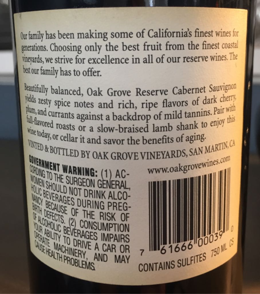 Oak Grove Cabernet Sauvignon  - Oak Grove (750 mL) alcohol collectible [Barcode 761666000390] - Main Image 2