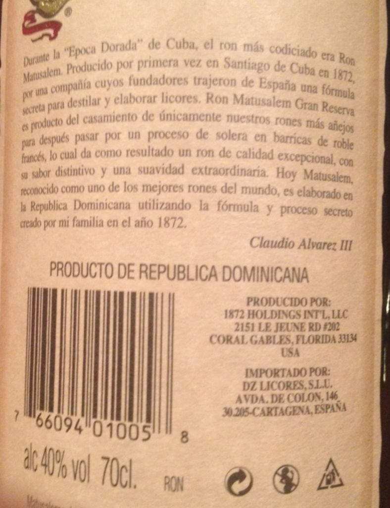 Matusalem Gran Reserva 15 Yr Old - Matusalem Distillery (700 mL) alcohol collectible [Barcode 766094010058] - Main Image 2