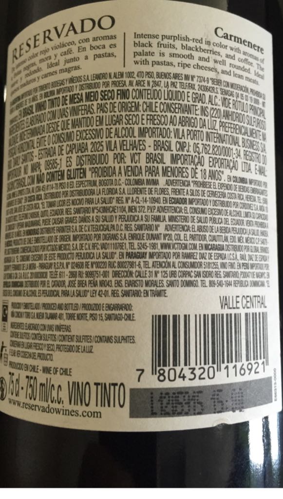 Reservado - Concha Y Toro (750 mL) alcohol collectible [Barcode 7804320116921] - Main Image 2