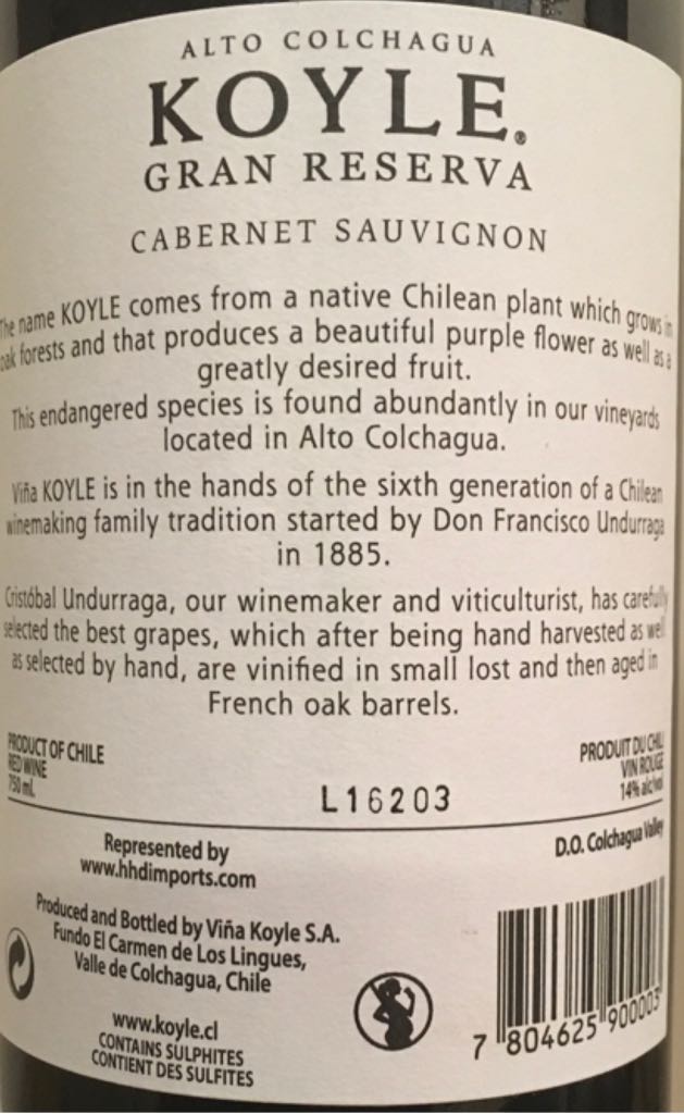 Koyle Gran Reserva  Cabernet Sauvignon - Vina Koyle (750 mL) alcohol collectible [Barcode 7804625900003] - Main Image 2