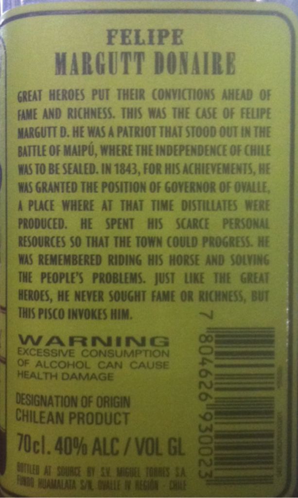 EL GOBERNADOR - Miguel Torres S.A. (750 mL) alcohol collectible [Barcode 7804626930023] - Main Image 2