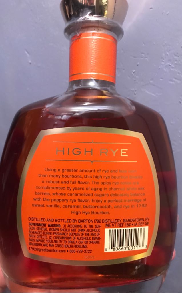 1792 High Rye 2016 - Barton 1792 Distillery (750mL) alcohol collectible [Barcode 080660001173] - Main Image 2