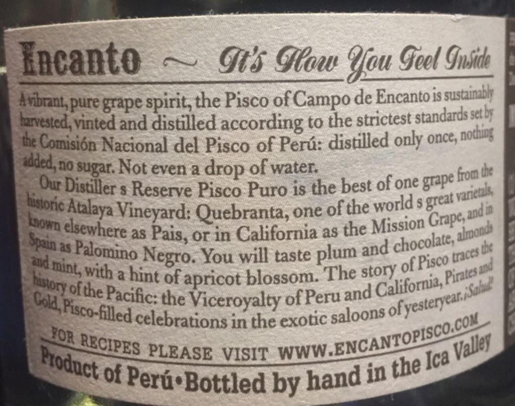 Campo De Encanto Pisco  - Haas Bros. (imported by) (750 mL) alcohol collectible [Barcode 793573052186] - Main Image 2