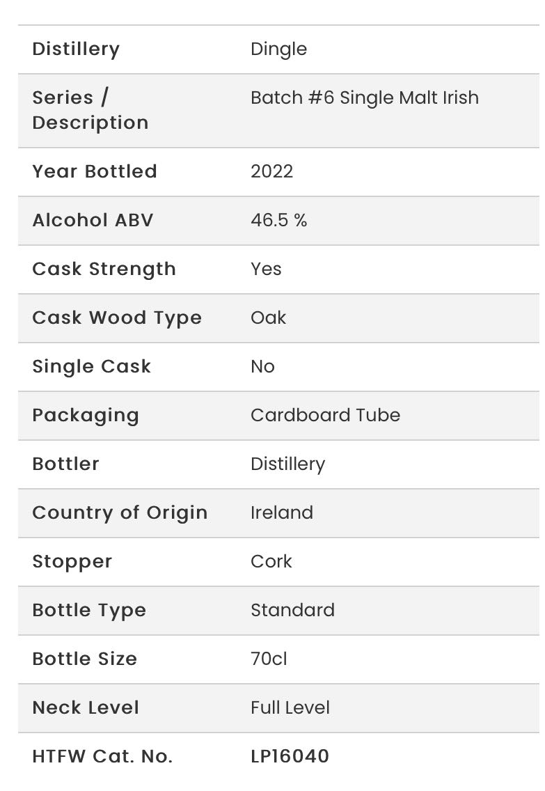 Dingle Single Malt Batch No6 - Dingle Whiskey Distillery (700 mL) alcohol collectible [Barcode 797776463336] - Main Image 2