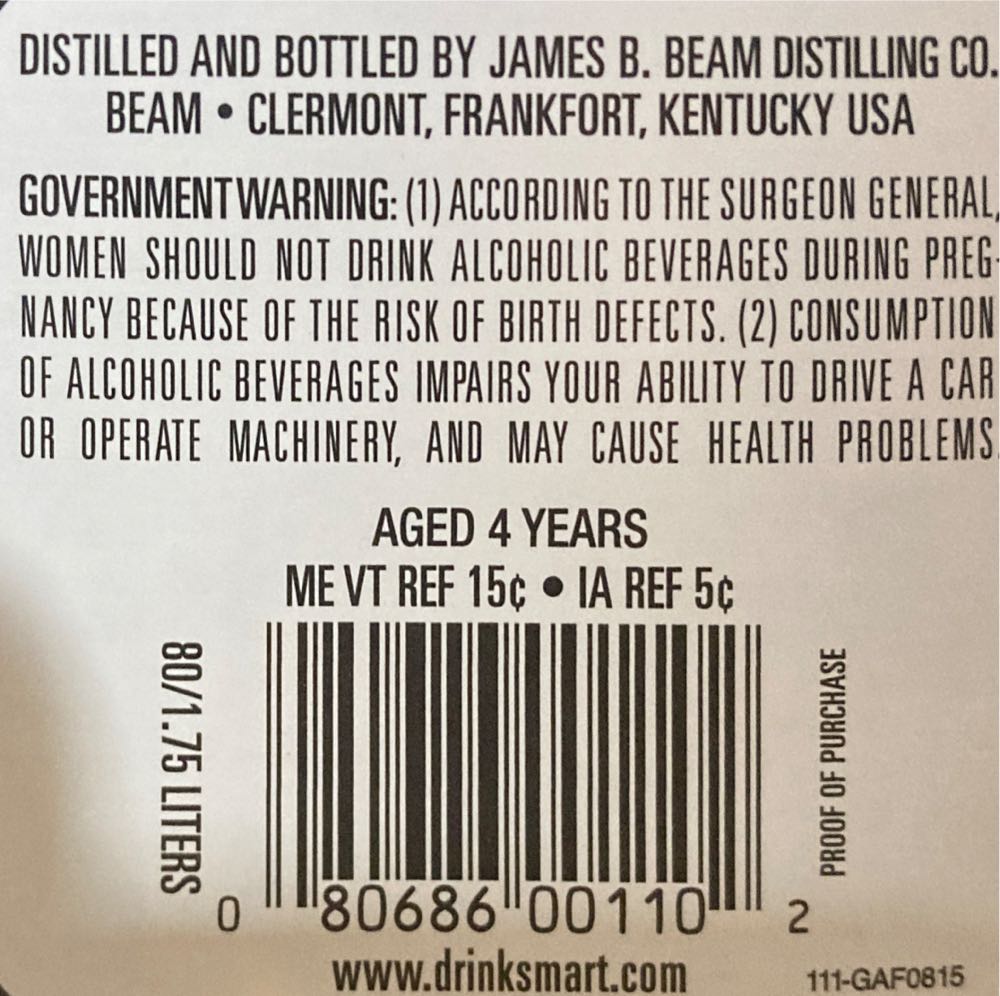Jim Beam Kentucky Straight Bourbon Whiskey - James B. Beam Distilling Co, Frankfort, KY (1.75L) alcohol collectible [Barcode 080686001102] - Main Image 3