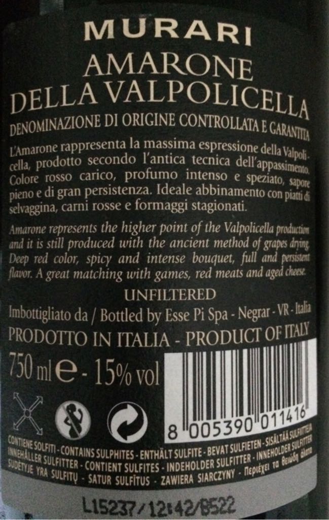 Amarone Murari 2011 - Murari (750 mL) alcohol collectible [Barcode 8005390011416] - Main Image 2