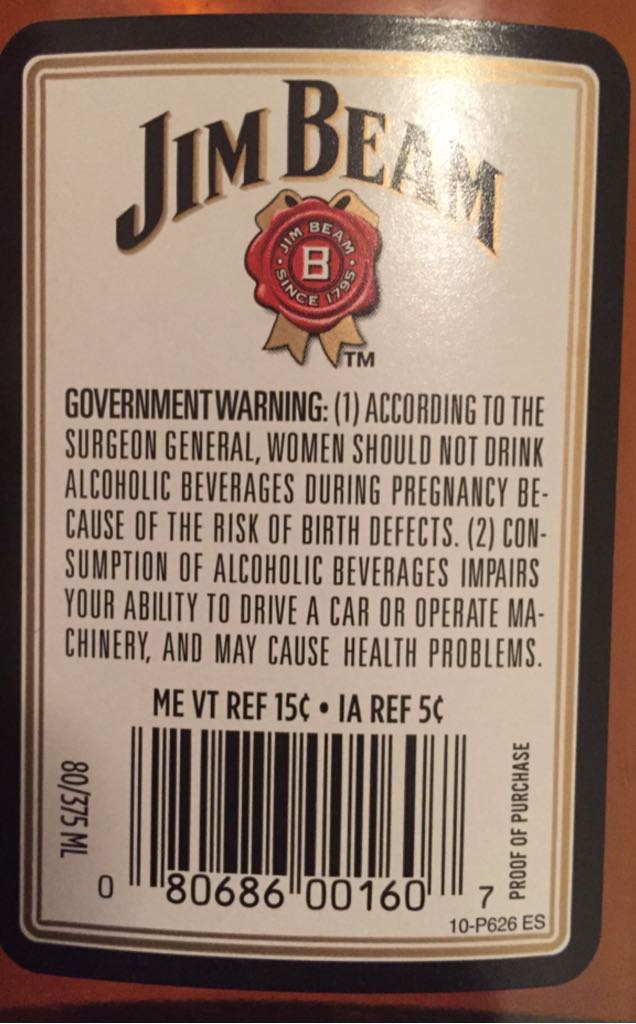 Jim Beam Bourbon 375ML - James B. Beam Distilling Co. (375 mL) alcohol collectible [Barcode 080686001607] - Main Image 2